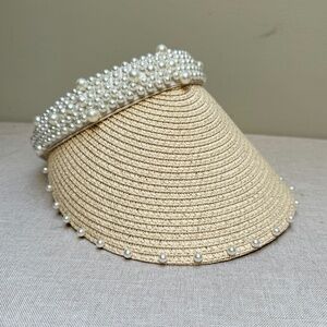 Rachel Zoe Pearl Studded Woven Sun Golf Visor Like New